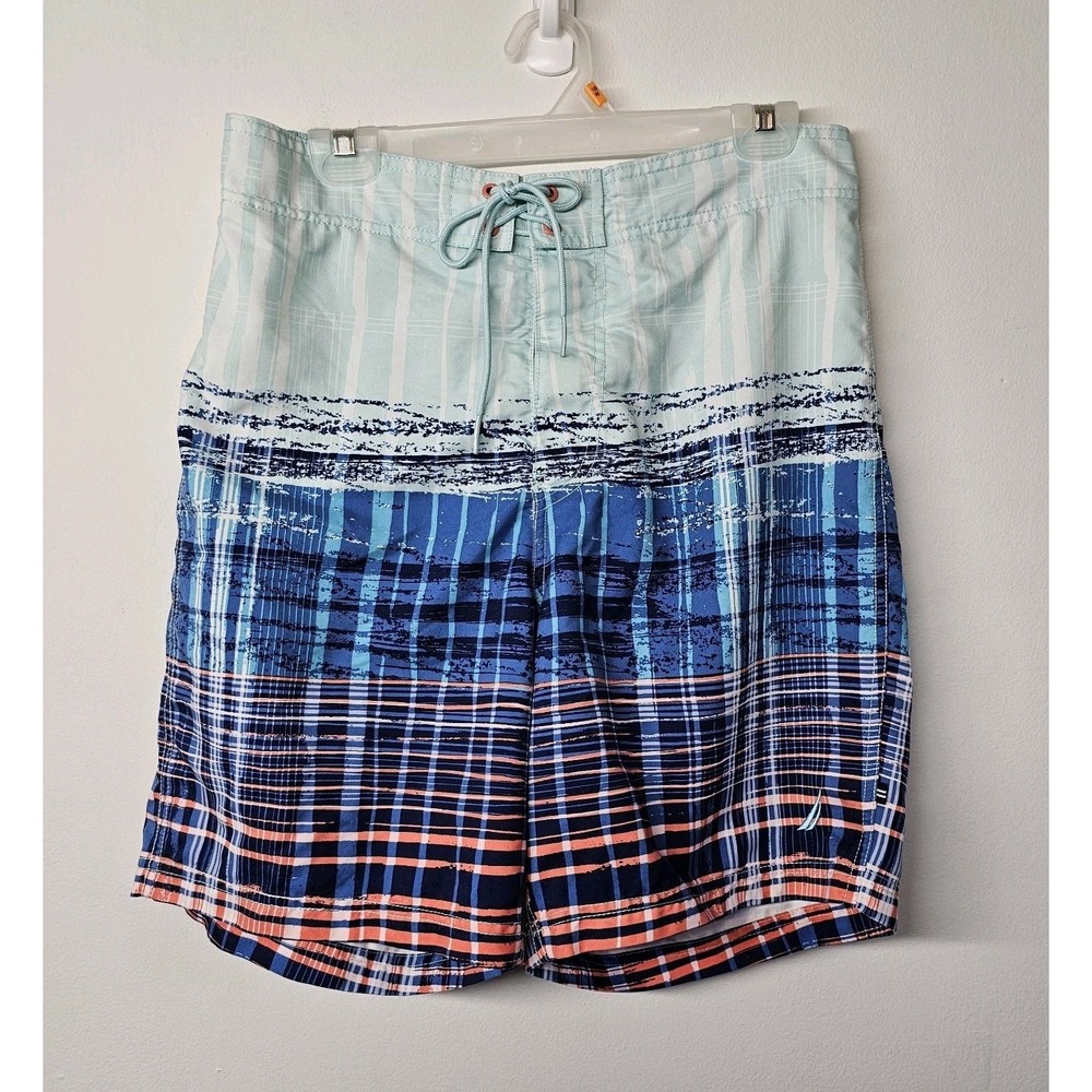 NAUTICA Mens Medium QUICK DRY Reel Aqua SWIM BOARDSHORTS Lined Pockets EUC